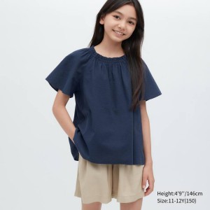 Uniqlo 100% Cotone Seersucker Corta Sleeved Camicetta Ragazza Blu Marino | VDLWMK321