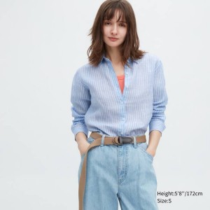 Uniqlo 100% Premium Linen A Strisce Long Sleeved Camicie Blu Chiaro | DURAYI973