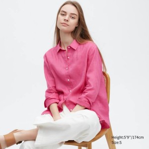 Uniqlo 100% Premium Linen Long Sleeved Camicie Rosa | KHSVMG105