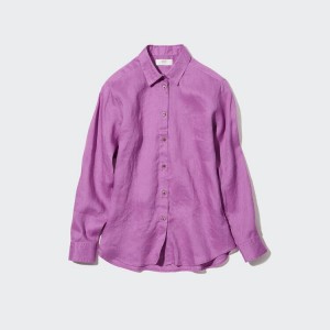 Uniqlo 100% Premium Linen Long Sleeved Camicie Viola | XDFPHO259