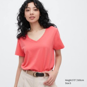 Uniqlo 100% Supima Cotone V Neck Corta Sleeved Magliette Rosa | MYCORA023