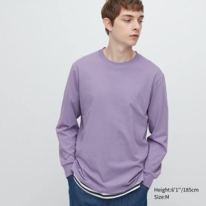 Uniqlo Airism Cotone Crew Neck Long Sleeved Magliette Viola | GZJUXS612