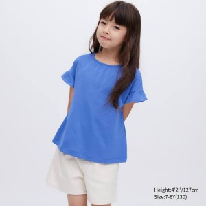 Uniqlo Airism Cotone Frill Sleeved Magliette Ragazza Blu | KYUJTB125