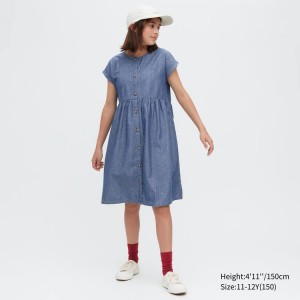 Uniqlo Chambray Gathered Corta Sleeved Vestito Ragazza Blu | YVKWGH713