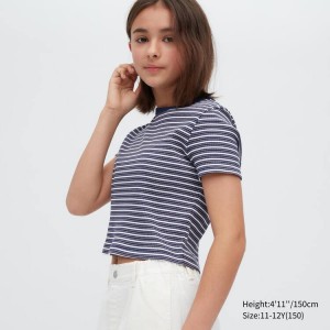 Uniqlo Costine A Strisce Cropped Magliette Ragazza Blu | RVLWHS879