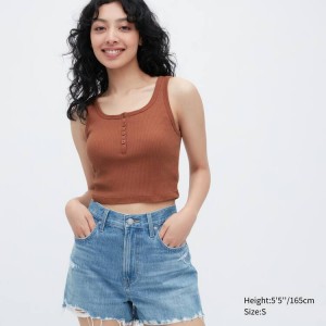 Uniqlo Costine Henley Neck Cropped Top Marroni | PVNDEU975