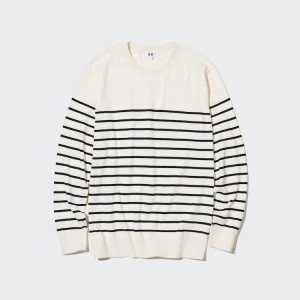 Uniqlo Cotone Washable A Strisce Crew Neck Jumpers Bianche | MPUKDQ615