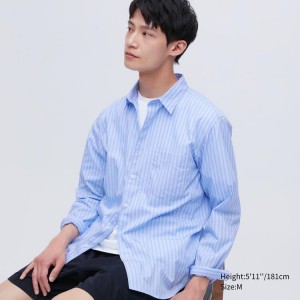 Uniqlo Extra Fine Cotone Broadcloth Regular Fit A Strisce Camicie Blu | NPHYWJ802