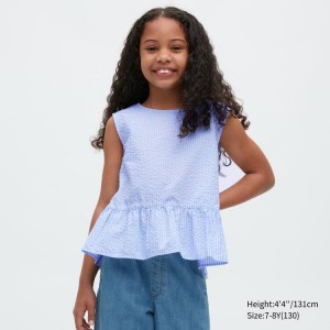 Uniqlo Gathered A Strisce Corta Sleeved Camicetta Ragazza Blu | UPOEAN395