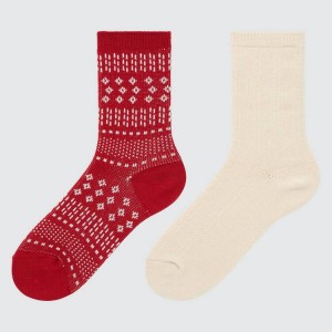 Uniqlo Heattech Fair Isle Print (Two Pairs) Calzini Ragazza Rosse Beige | PFMDSY892