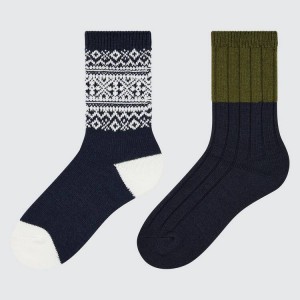 Uniqlo Heattech Fair Isle Print (Two Pairs) Calzini Ragazza Blu Marino Bianche Verdi | GLNKZQ519