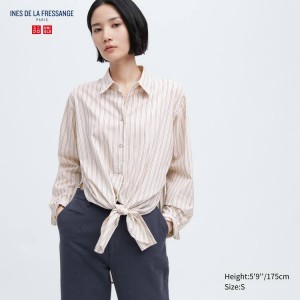 Uniqlo Ines De La Fressange Cotone Silk Blend Oversized Long Sleeved Camicie Beige | KHJMLN361