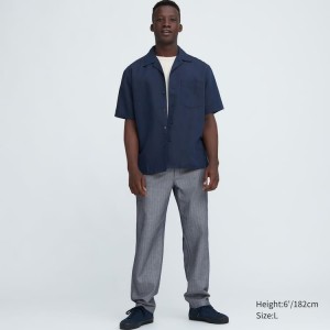 Uniqlo Linen Blend A Strisce Relaxed Fit Pantaloni Blu | MOCUHZ836