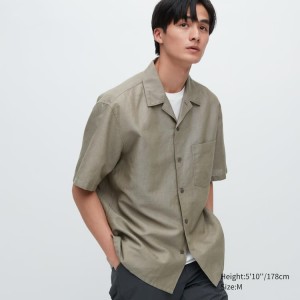 Uniqlo Linen Blend Corta Sleeved (Open Collar) Camicie Verde Oliva | IBATNO964