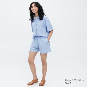 Uniqlo Linen Blend Corta Sleeved Set Loungewear Blu | SQXRNM286