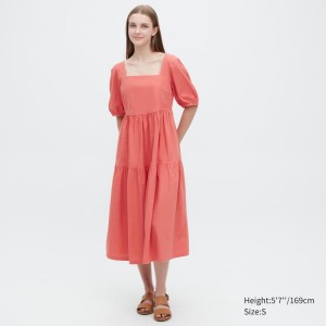 Uniqlo Linen Blend Shirring Volume Sleeved Vestito Rosa | LZPBFQ493