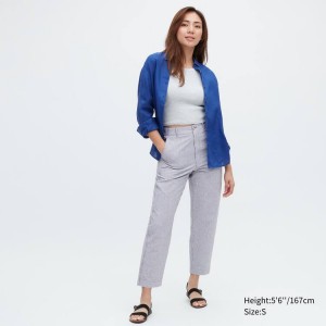 Uniqlo Linen Cotone Blend A Strisce Tapered Pantaloni Blu | NAZPJF958