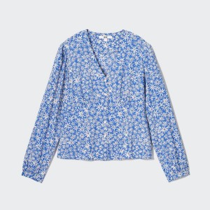 Uniqlo Printed V Neck Long Sleeved Camicetta Blu | BVGQOF836