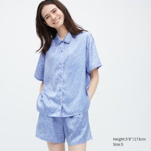 Uniqlo Satin Printed Pajamas (Corta Sleeve) Loungewear Blu | PBQXOU031