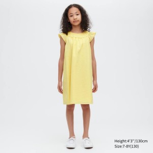 Uniqlo Seersucker Gathered Corta Sleeved Vestito Ragazza Gialle | HZQVCY829