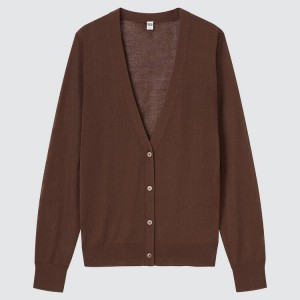 Uniqlo Sheer V Neck Cardigan Marroni | BWSZNT087