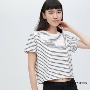 Uniqlo Slub Jersey Cropped A Strisce Corta Sleeved Magliette Bianche Nere | MNKGTP718