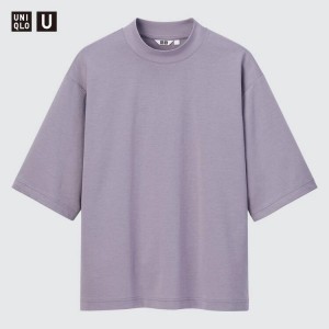 Uniqlo U Airism Cotone Oversized Mock Neck Half Sleeved Magliette Viola | JAIYEZ965