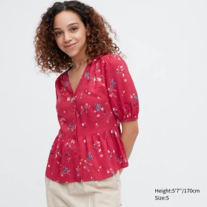 Uniqlo Viscose Lawn V Neck Printed Volume Sleeved Camicetta Rosse | KURVQE745