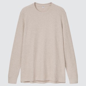 Uniqlo Waffle Crew Neck Long Sleeved (2021 Season) Magliette Beige | UQWHTY039