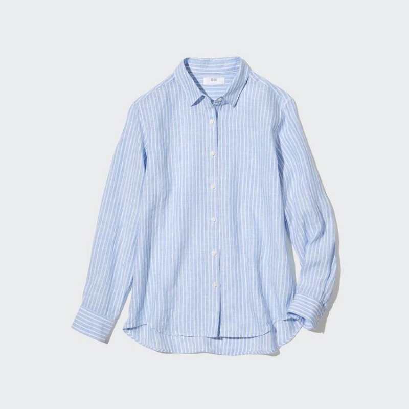 Uniqlo 100% Premium Linen A Strisce Long Sleeved Camicie Blu Chiaro | DURAYI973