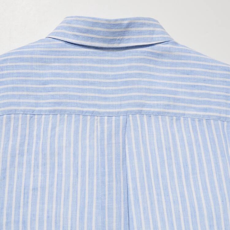 Uniqlo 100% Premium Linen A Strisce Long Sleeved Camicie Blu Chiaro | DURAYI973