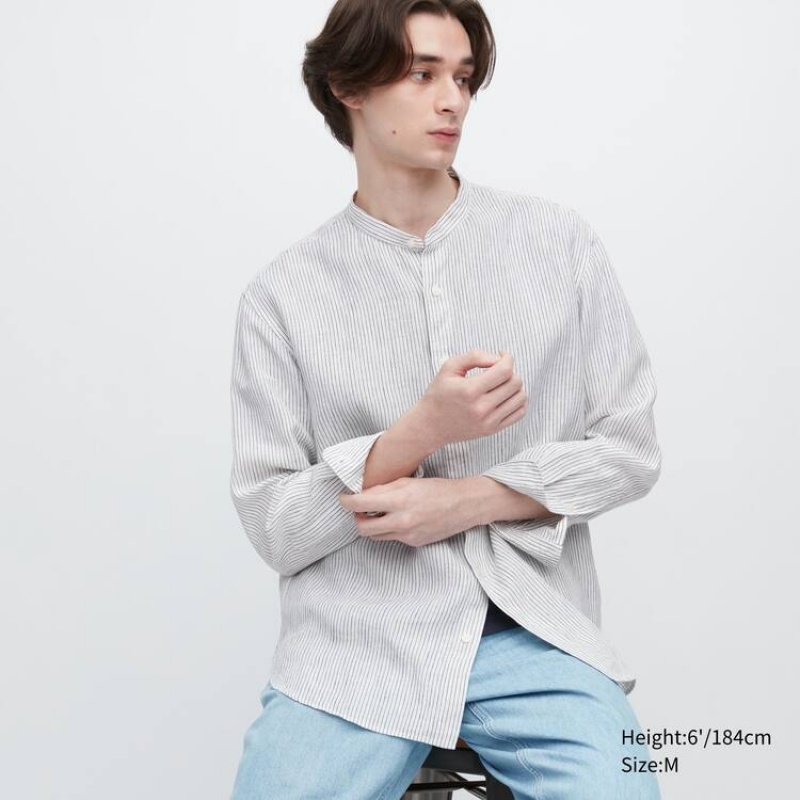 Uniqlo 100% Premium Linen A Strisce Regular Fit (Grandad Collar) Camicie Blu | PMZYFX082