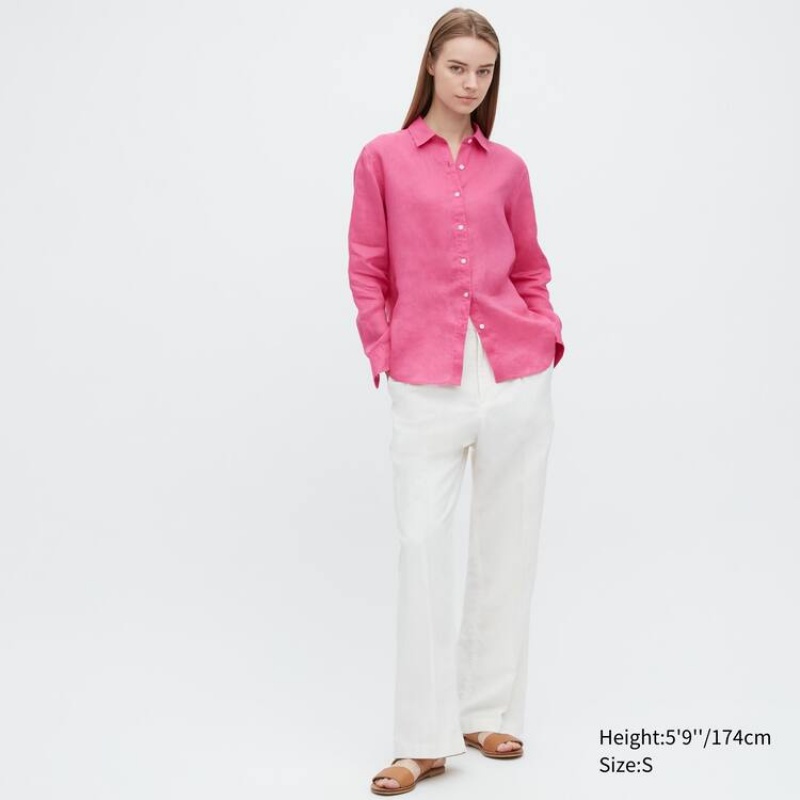 Uniqlo 100% Premium Linen Long Sleeved Camicie Rosa | KHSVMG105