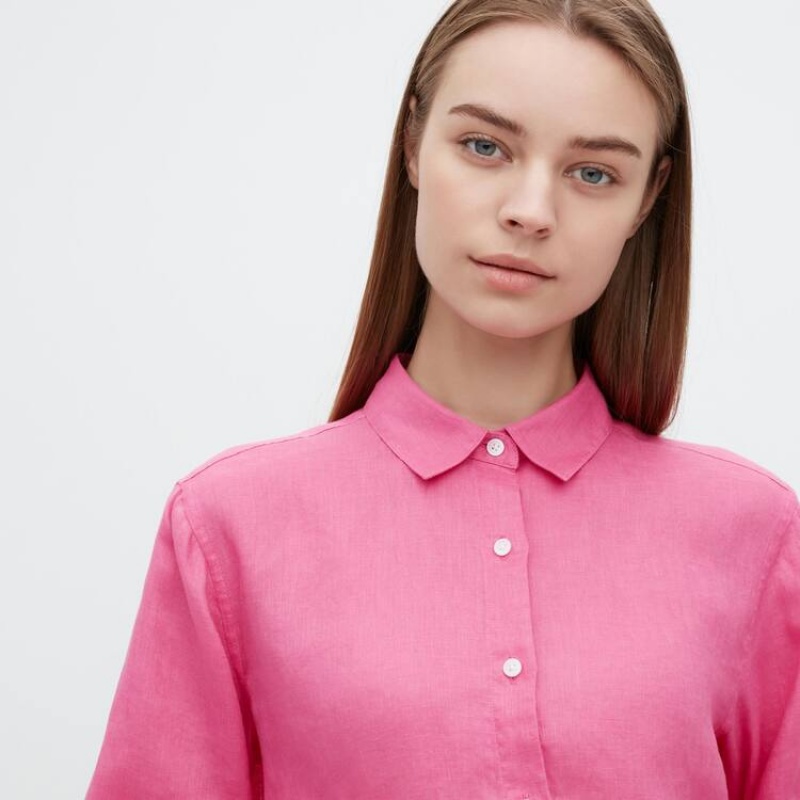 Uniqlo 100% Premium Linen Long Sleeved Camicie Rosa | KHSVMG105