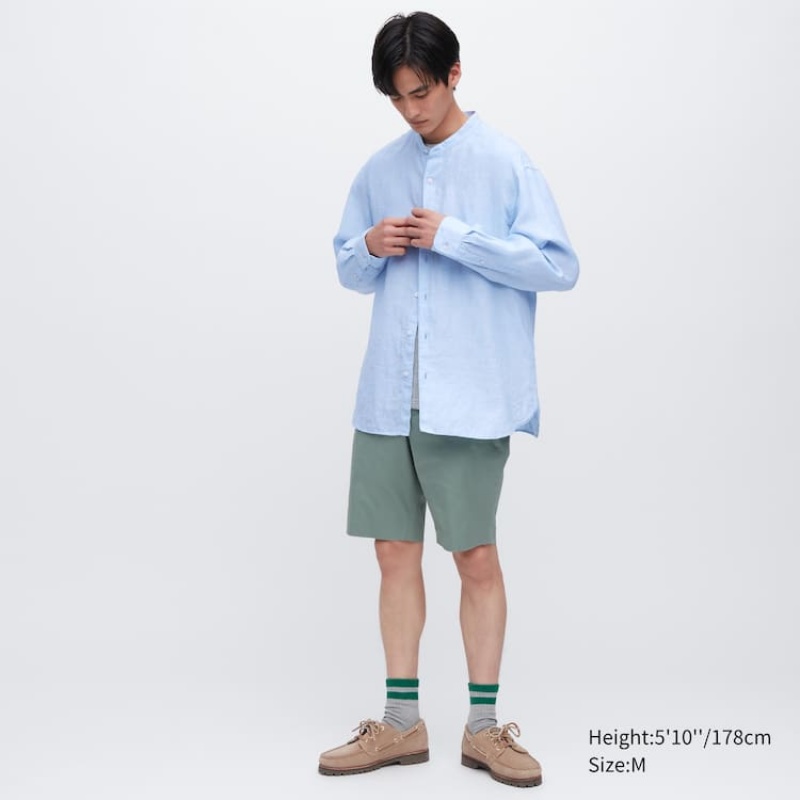 Uniqlo 100% Premium Linen Regular Fit (Grandad Collar) Camicie Blu | YMGRTO930