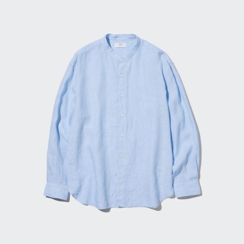 Uniqlo 100% Premium Linen Regular Fit (Grandad Collar) Camicie Blu | YMGRTO930