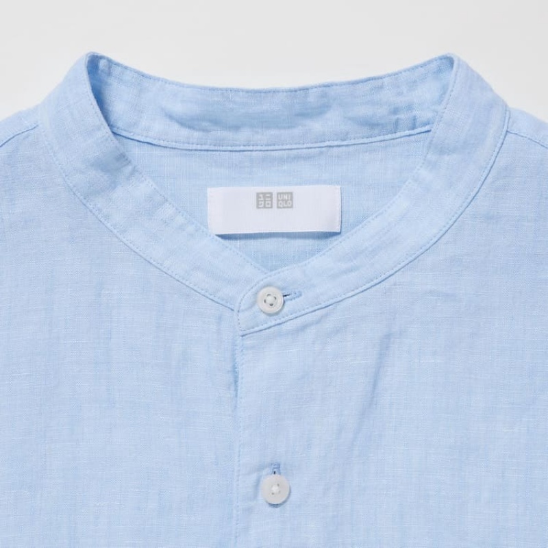 Uniqlo 100% Premium Linen Regular Fit (Grandad Collar) Camicie Blu | YMGRTO930