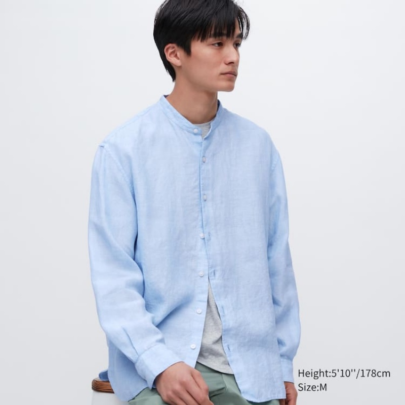 Uniqlo 100% Premium Linen Regular Fit (Grandad Collar) Camicie Blu | YMGRTO930