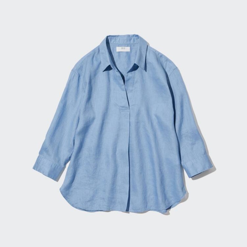 Uniqlo 100% Premium Linen Skipper Collar 3/4 Sleeved Camicie Blu | FUKVQO785