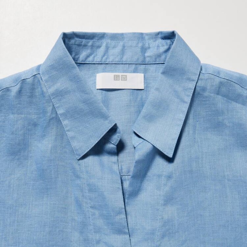 Uniqlo 100% Premium Linen Skipper Collar 3/4 Sleeved Camicie Blu | FUKVQO785