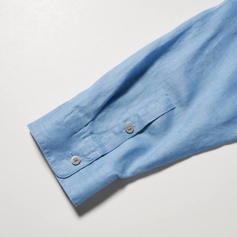 Uniqlo 100% Premium Linen Skipper Collar 3/4 Sleeved Camicie Blu | FUKVQO785