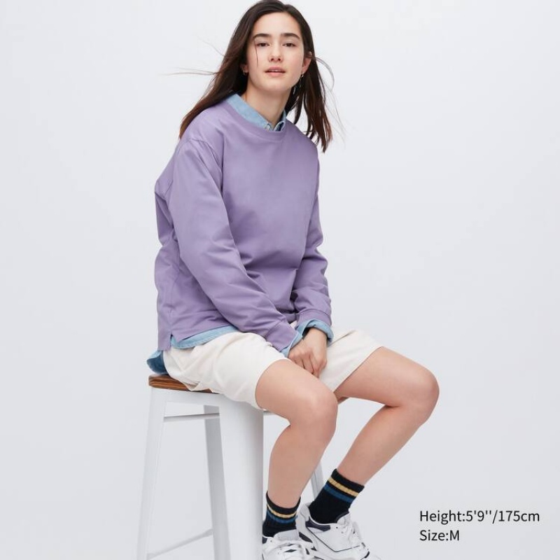 Uniqlo Airism Cotone Crew Neck Long Sleeved Magliette Viola | GZJUXS612