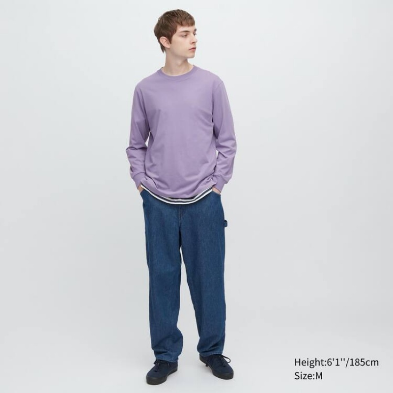 Uniqlo Airism Cotone Crew Neck Long Sleeved Magliette Viola | GZJUXS612