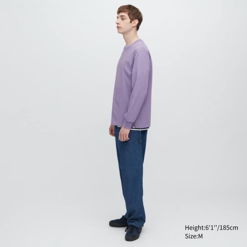 Uniqlo Airism Cotone Crew Neck Long Sleeved Magliette Viola | GZJUXS612