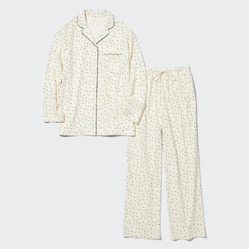 Uniqlo Airism Cotone Dotted Long Sleeved Loungewear Bianche | ILOMXC708