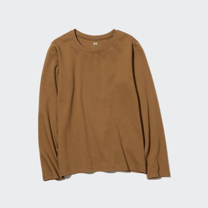 Uniqlo Cotone Crew Neck Long Sleeve Magliette Marroni | OMWQSV296