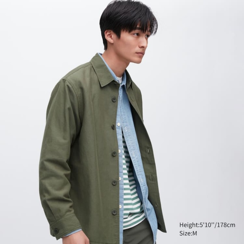 Uniqlo Cotone Linen Blend Overshirt Sovracamicia Verde Oliva | FRQWNY792