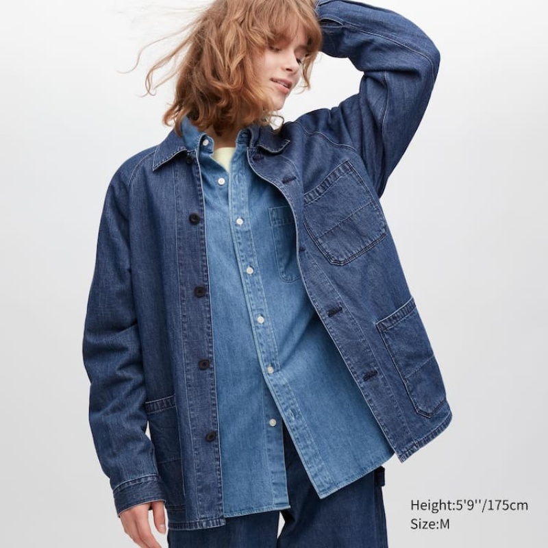 Uniqlo Cotone Linen Blend Utility Sovracamicia Blu | EFPHWV810