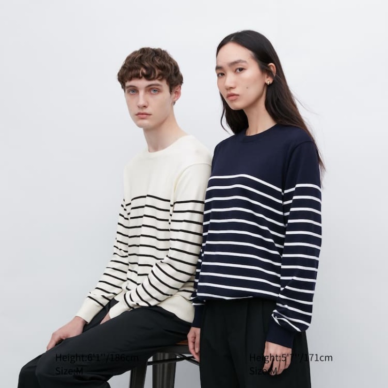 Uniqlo Cotone Washable A Strisce Crew Neck Jumpers Bianche | MPUKDQ615