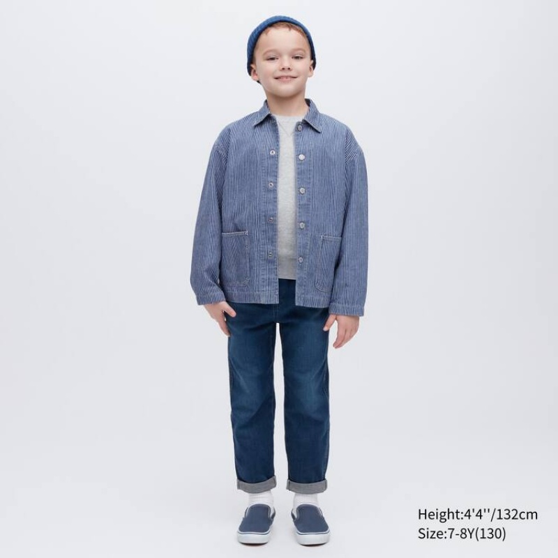 Uniqlo Denim A Strisce Overshirt Giacche Ragazza Blu | HLSEOW861